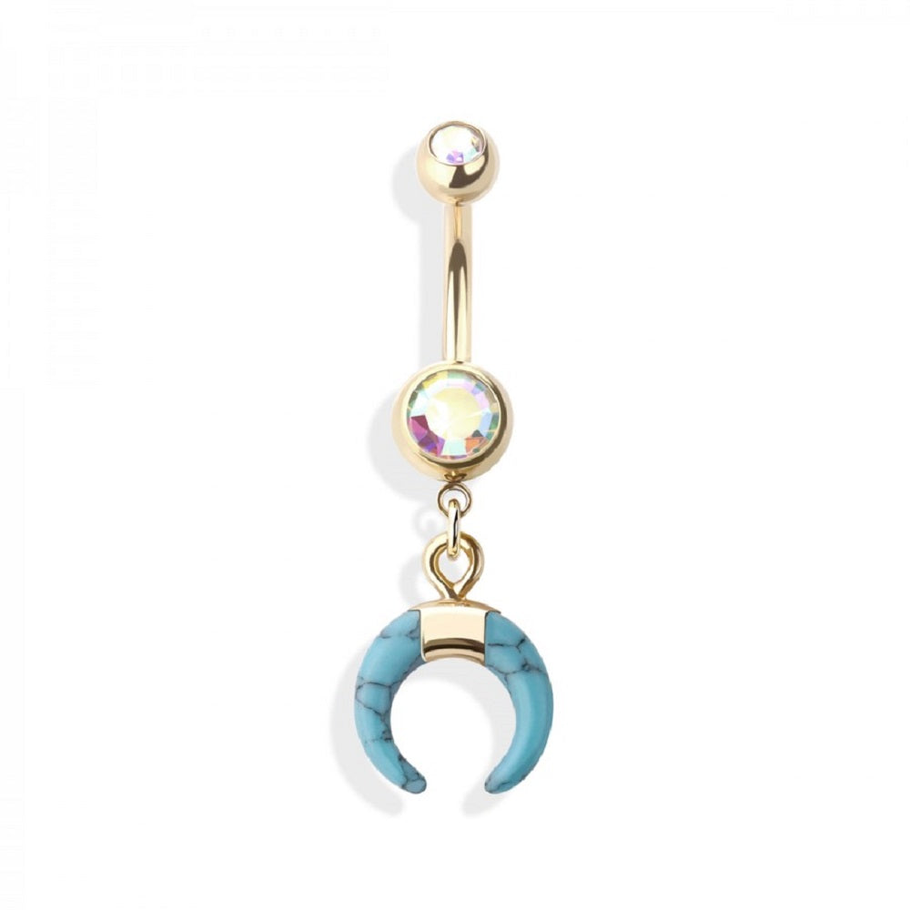 Double Jeweled Barbell with Horn Shaped Synthetic Stone Dangling Belly Button Ring - 316L Stainless Steel