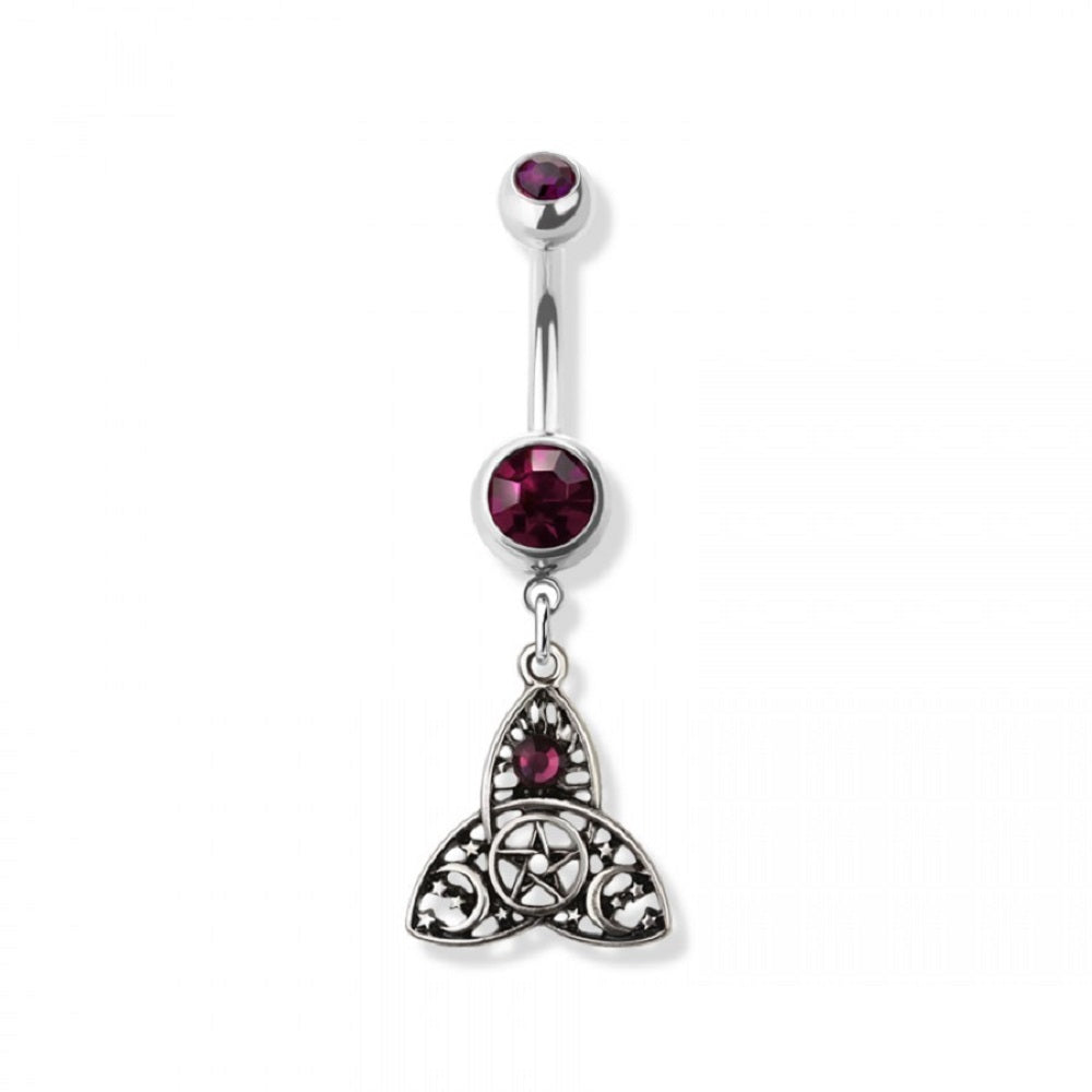 Purple CZ Crystal Trinity Symbol Dangling Belly Button Ring - 316L Stainless Steel