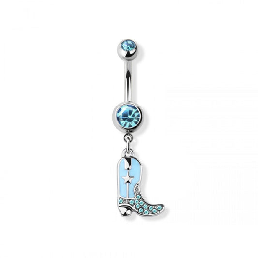 CZ Crystal Paved Cowboy Boot Belly Button Ring - 316L Stainless Steel