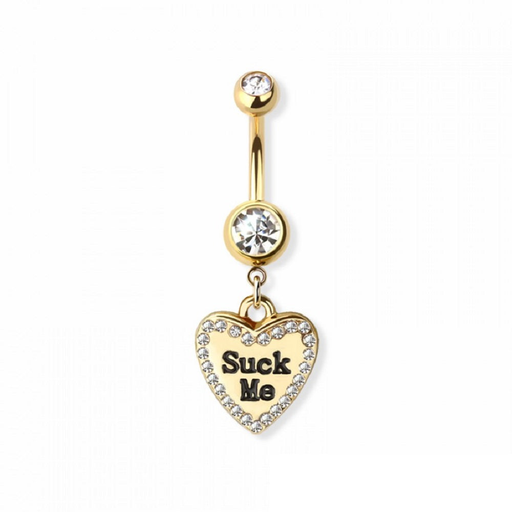Heart Shaped Naughty Message Dangling Belly Button Ring - Gold Plated 316L Stainless Steel