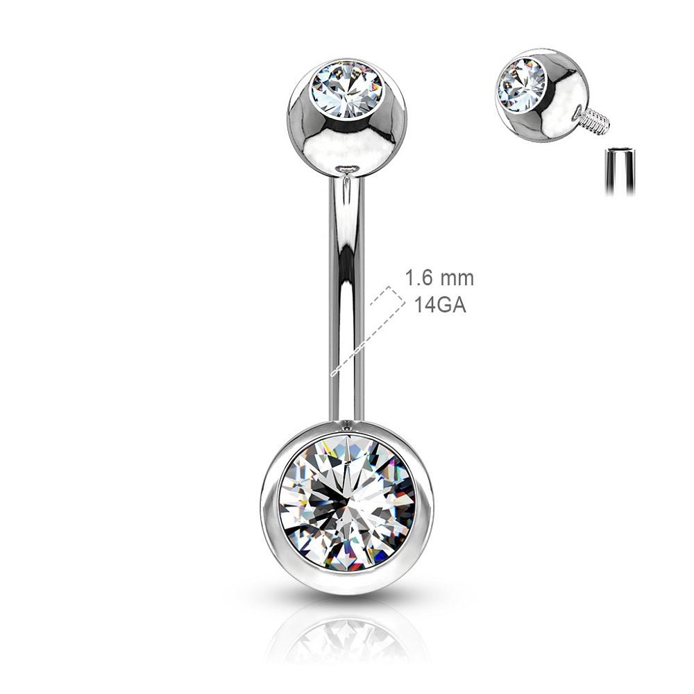 CZ Crystal Gem Internally Threaded Belly Button Ring - Stainless Steel