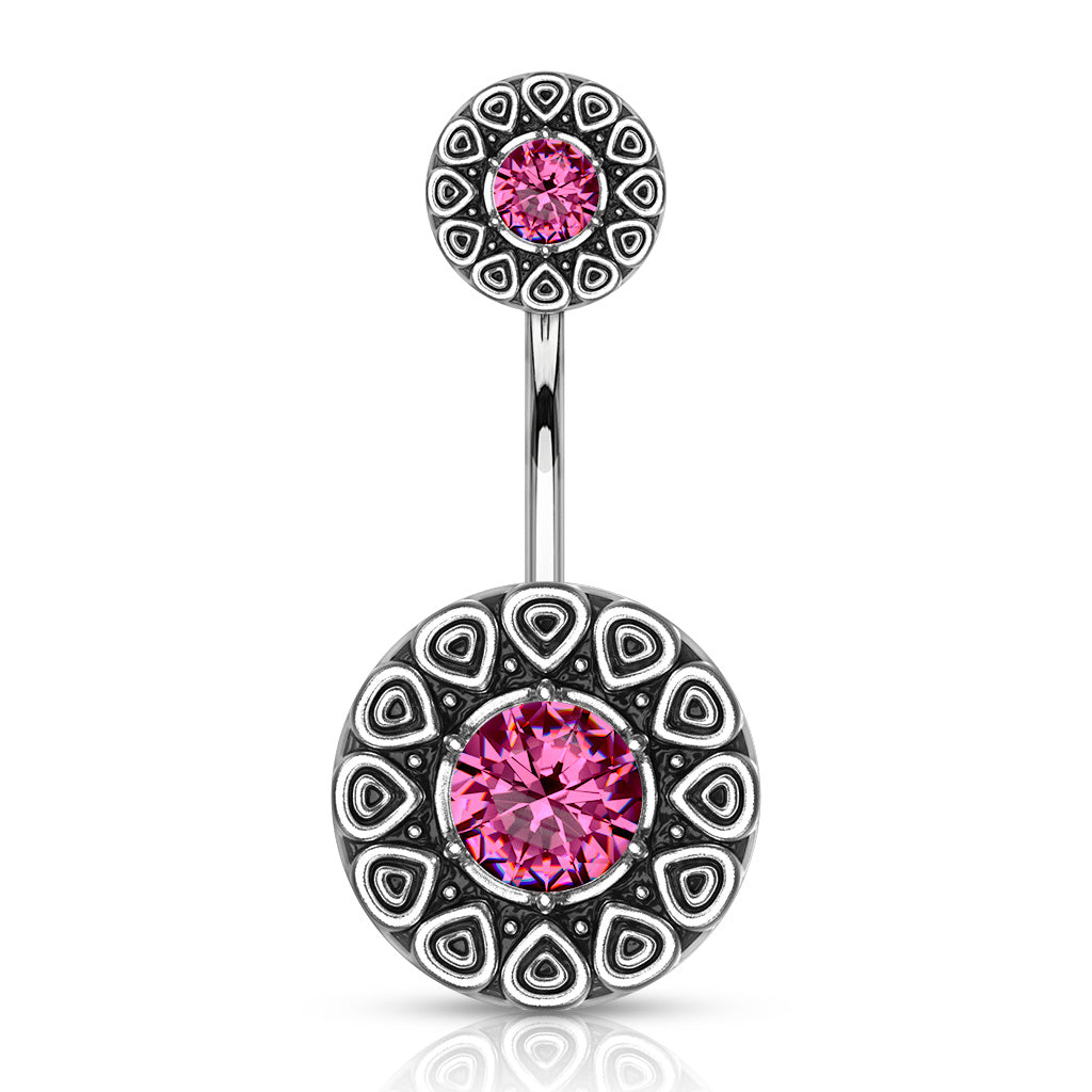 Tribal Pattern with CZ Center and Top Belly Button Ring - 316L Stainless Steel