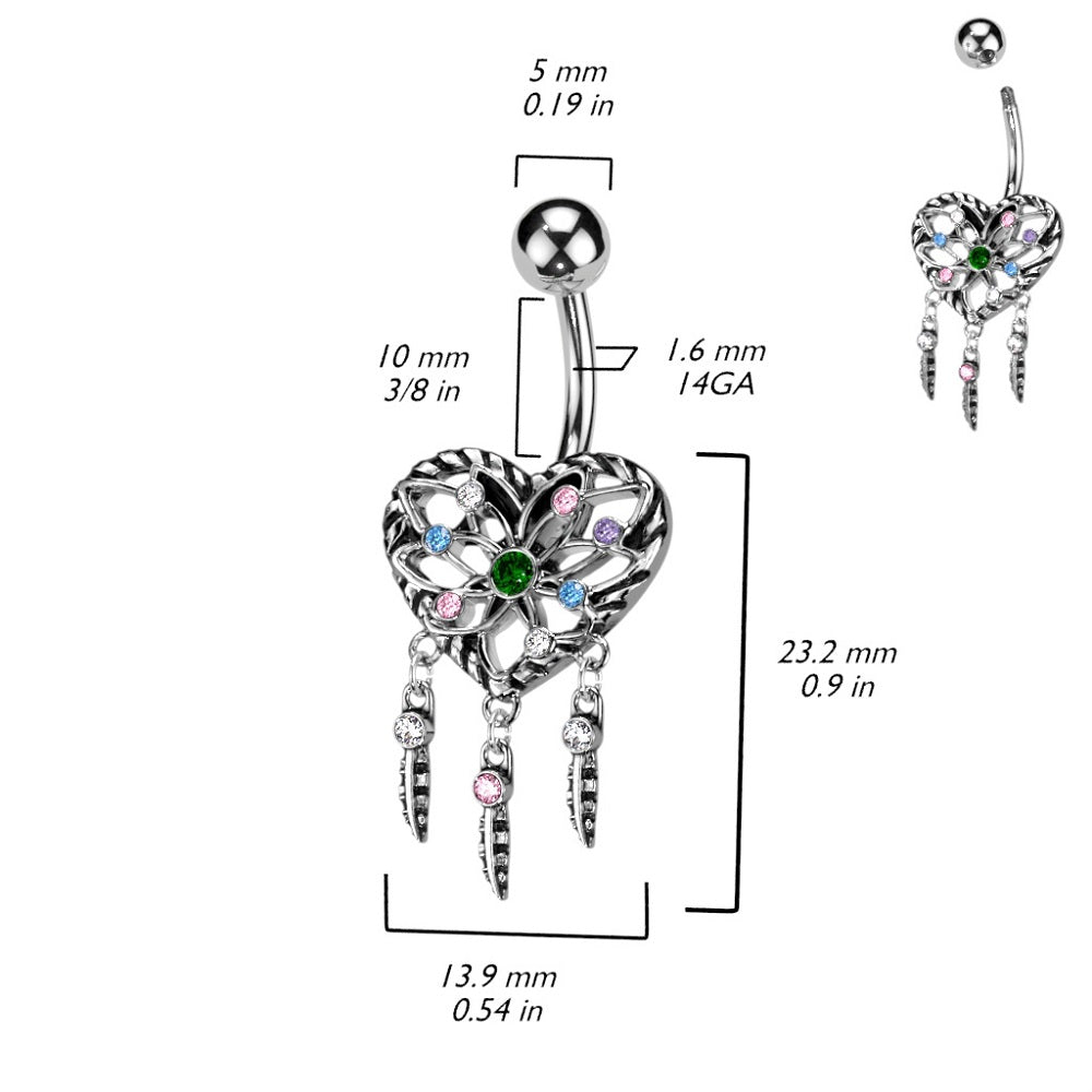 Heart Dream Catcher with Dangling Feathers Belly Button Ring - 316L Stainless Steel