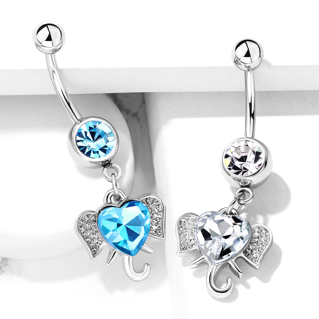 CZ Crystal Heart Elephant Dangling Belly Button Ring - Stainless Steel