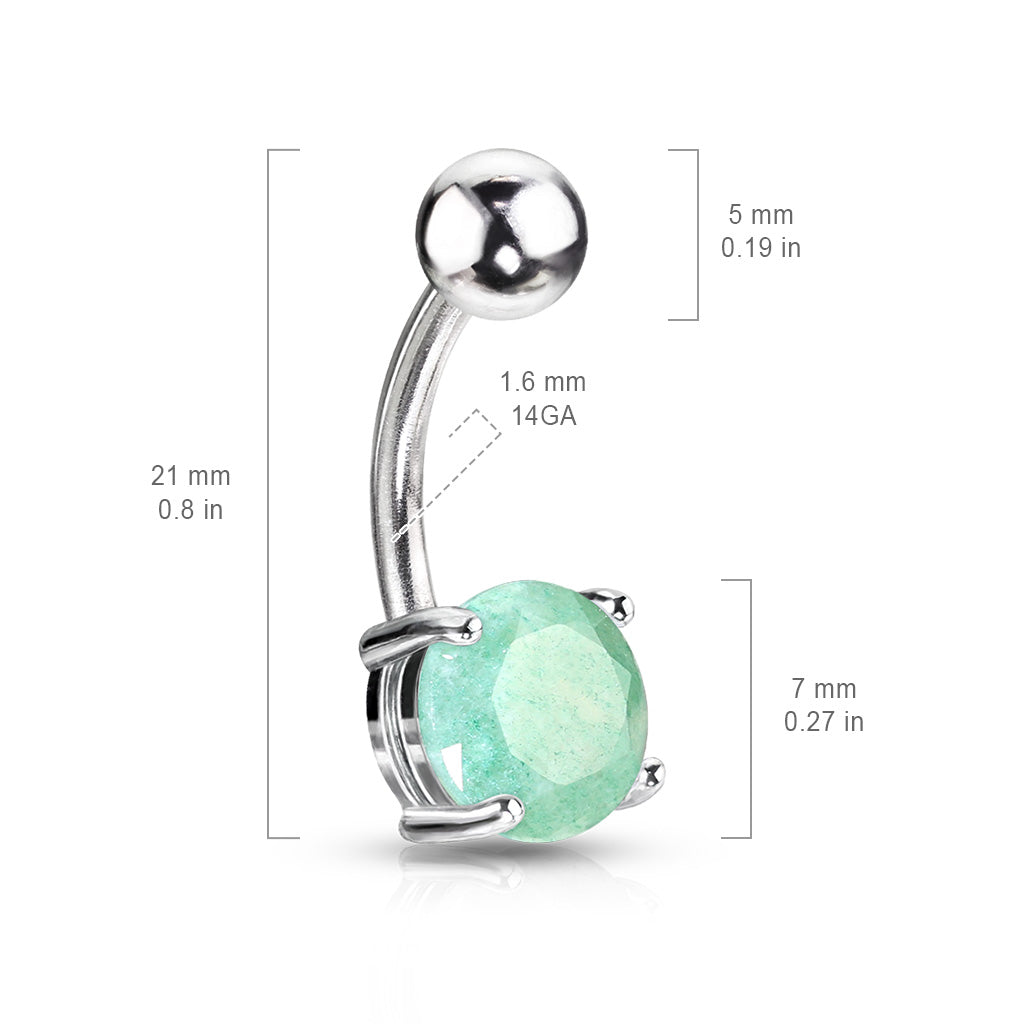 Jade Semi Precious Stone Prong Set Belly Button Ring - 316L Surgical Steel
