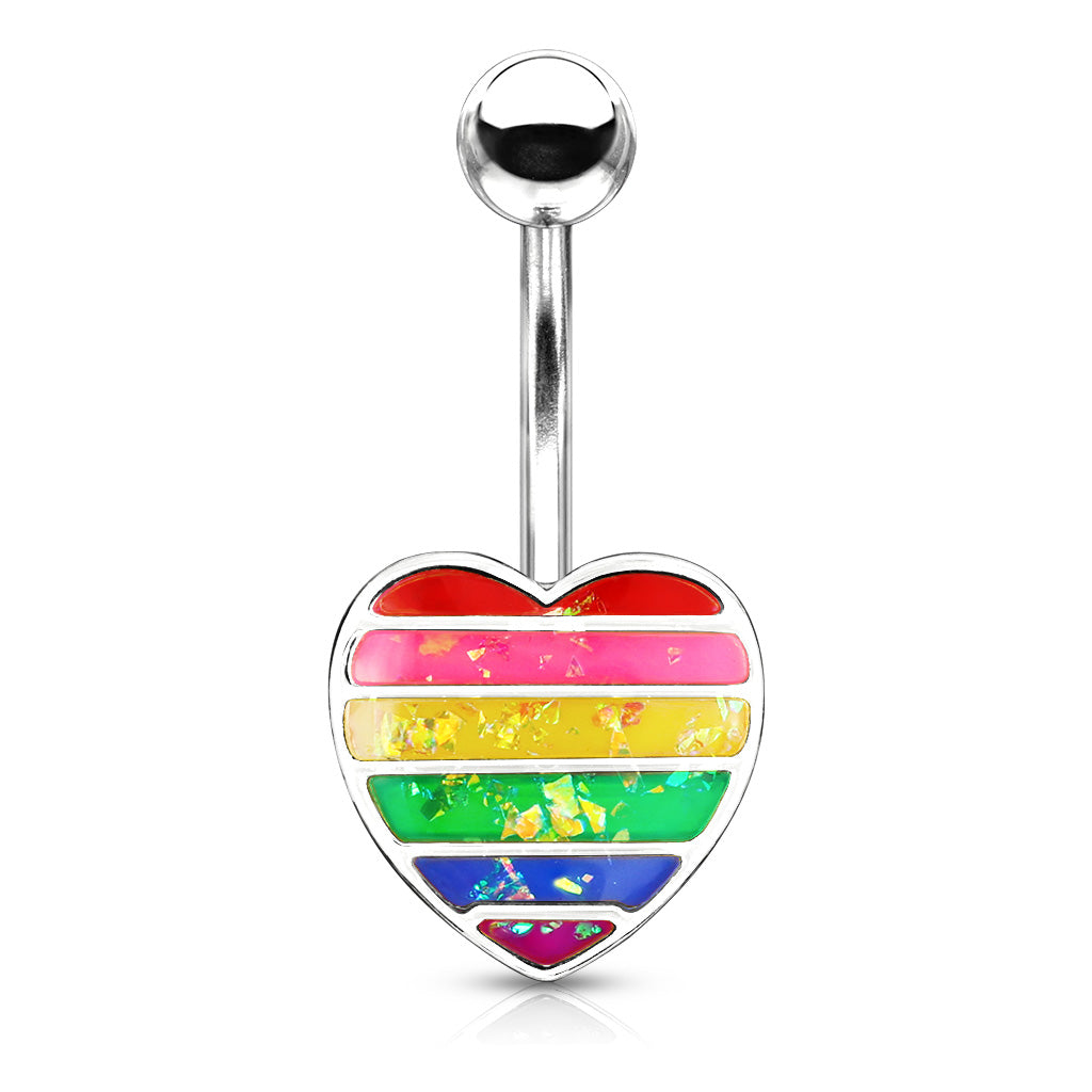 Rainbow Gay Pride Synthetic Opal Glitter Heart Belly Button Ring - Stainless Steel