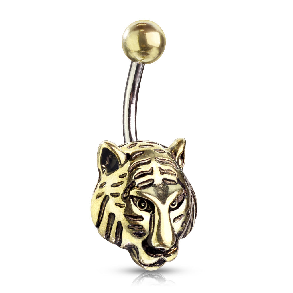Gold Plated Tiger Head Belly Button Ring - 316L Stainless Steel
