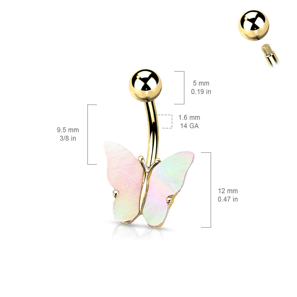 Shimmery Shell Covered Butterfly Belly Button Ring - 316L Stainless Steel
