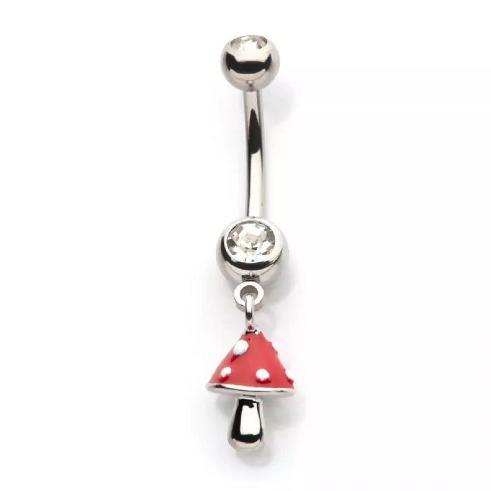 CZ Crystal with Dangling Red Enamel Mushroom Belly Button Ring - 316L Stainless Steel
