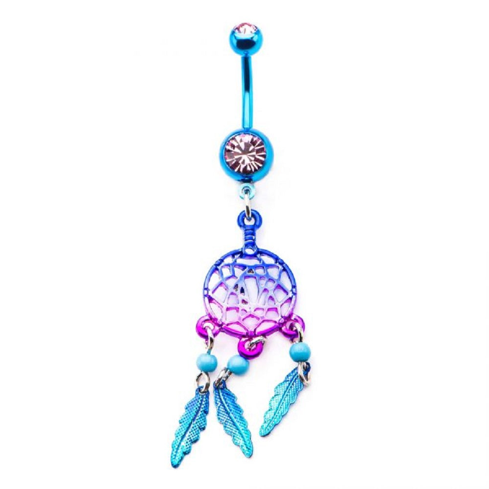 CZ Crystal Blue and Purple Ombre Dream Catcher Dangling Belly Button Ring - Stainless Steel