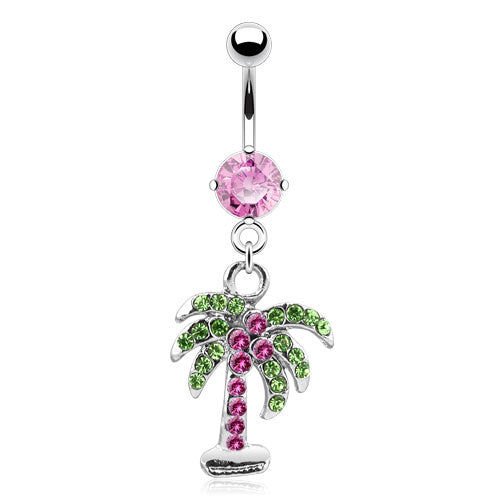 CZ Crystal Gemmed Palm Tree Dangling Belly Button Ring - Stainless Steel