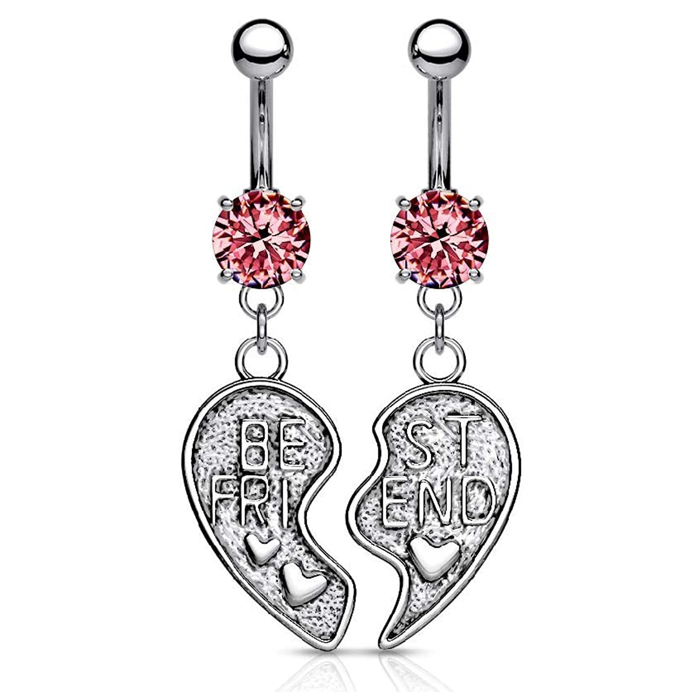 Pair of "Best Friend" Heart Dangling Belly Button Rings - Stainless Steel - Pair