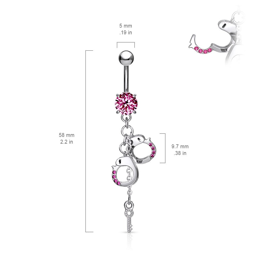 CZ Crystal Dangling Handcuffs Belly Button Ring - 316L Stainless Steel