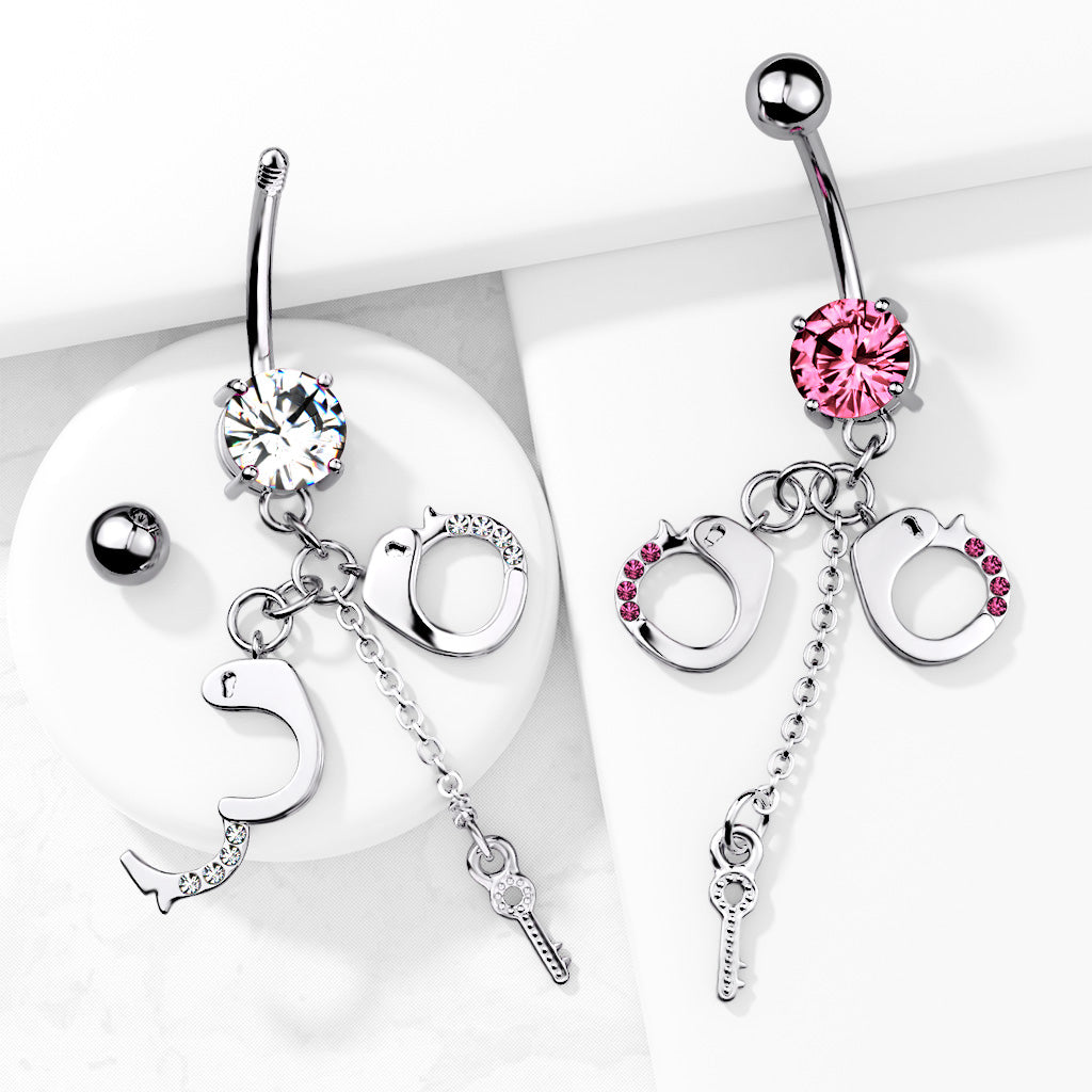 CZ Crystal Dangling Handcuffs Belly Button Ring - 316L Stainless Steel