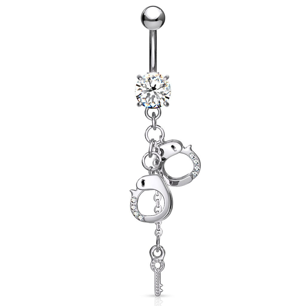 CZ Crystal Dangling Handcuffs Belly Button Ring - 316L Stainless Steel