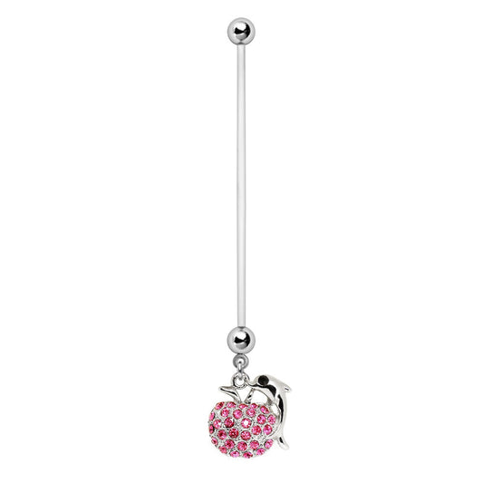 Dolphin Leaping Over Gemmed CZ Ball Dangling BioFlex Pregnancy Belly Button Ring - Stainless Steel