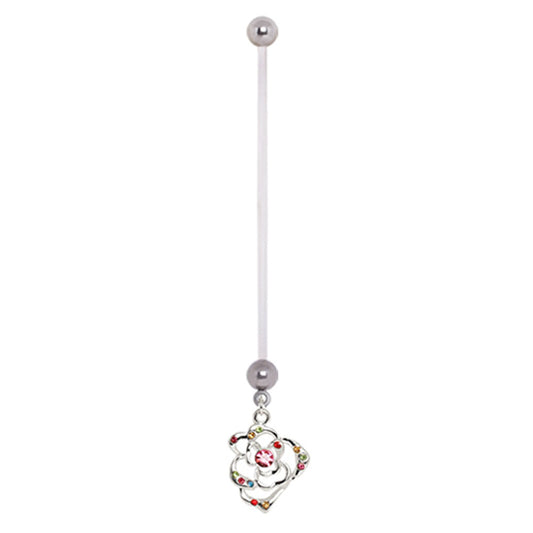 Silver Tone Multi Colored CZ Flower Dangling BioFlex Maternity Pregnancy Dangling Belly Button Ring - Stainless Steel
