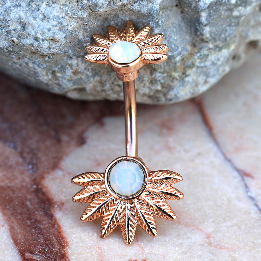Synthetic Opal Palm Leaves Belly Button Ring - Rose Gold Plated Stainless Steel