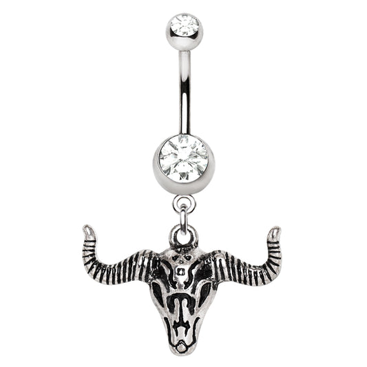 Antique Bull Skull Head Dangle Belly Button Ring - Stainless Steel