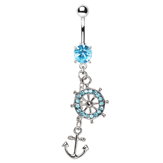 Aqua Ship Wheel and Anchor Dangle Charm Nautical Belly Button Ring - Stainless Steel