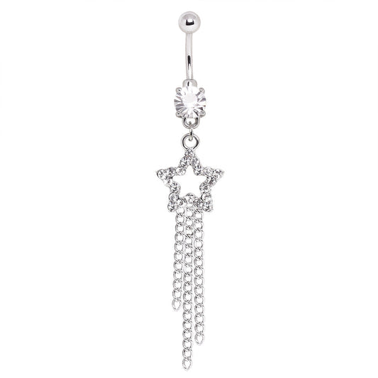 Crystal Star and Chains Dangling Belly Button Ring - Stainless Steel