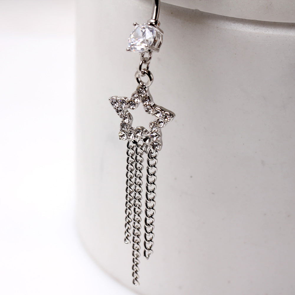 Crystal Star and Chains Dangling Belly Button Ring - Stainless Steel