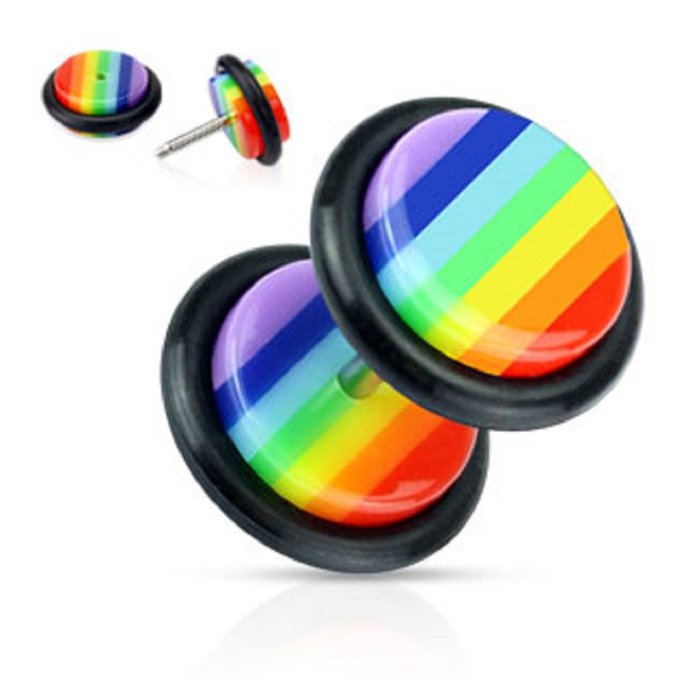 Rainbow Striped Gay Pride Fake Cheater Plugs Earrings - Stainless Steel - Pair