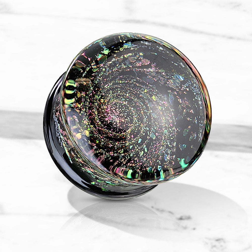Multicolor Aurora Borealis Sparkle Swirl Galaxy Double Flared Glass Plugs - Pair