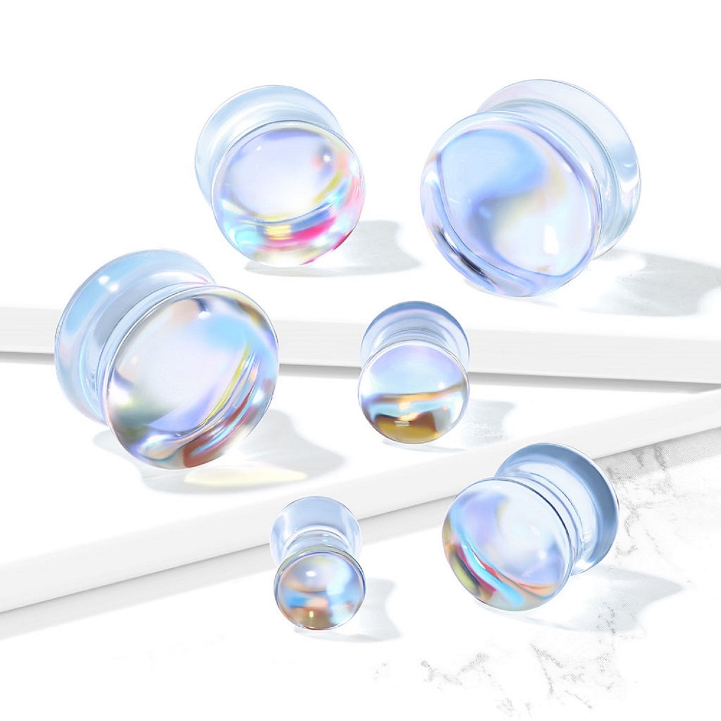 Iridescent Glass Double Flared Saddle Plug Gauges - Pair