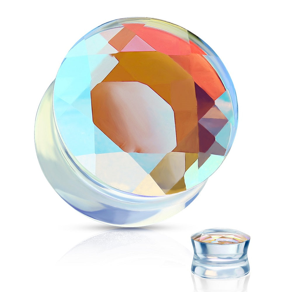 Iridescent Glass Faceted Double Flared Saddle Plug Gauges - Pair