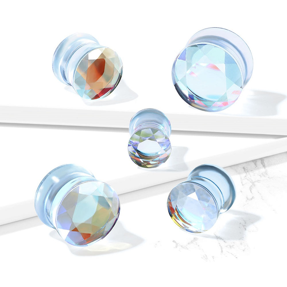 Iridescent Glass Faceted Double Flared Saddle Plug Gauges - Pair