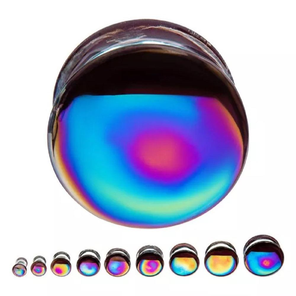 Front Facing Metallic Rainbow Oil Slick Glass Saddle Plugs
