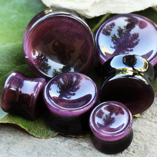 Natural Purple Cat's Eye Concave Stone Saddle Plugs