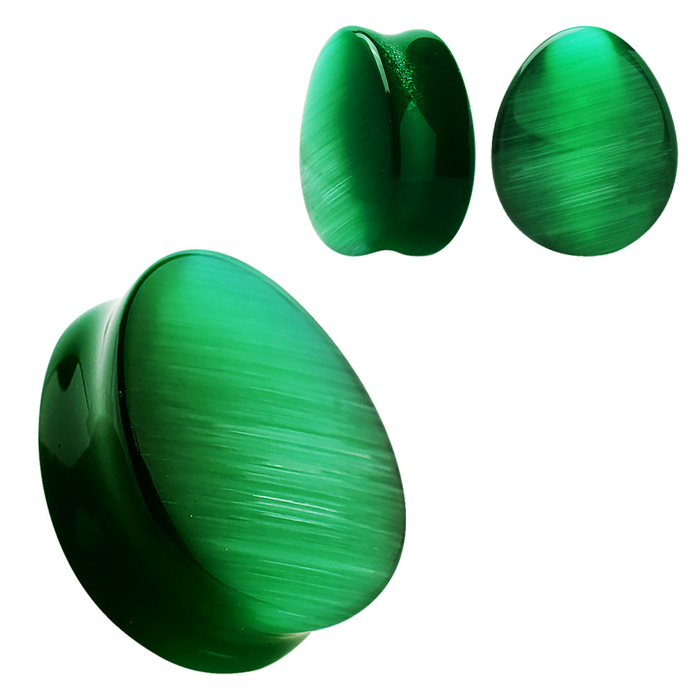 Natural Green Cat's Eye Stone Double Flared Tear Drop Plugs
