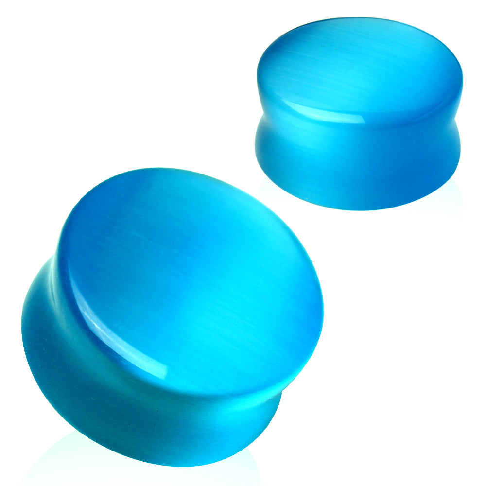 Natural Aqua Blue Cat's Eye Stone Double Flared Saddle Plugs
