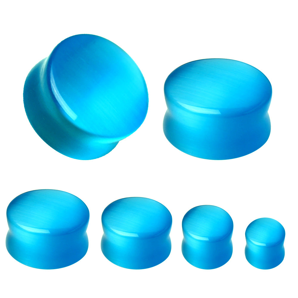 Natural Aqua Blue Cat's Eye Stone Double Flared Saddle Plugs