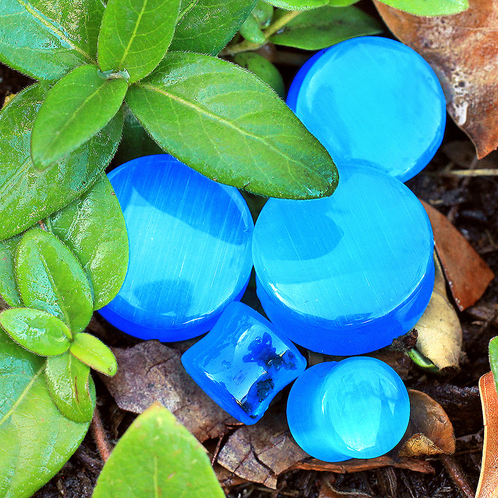 Natural Aqua Blue Cat's Eye Stone Double Flared Saddle Plugs