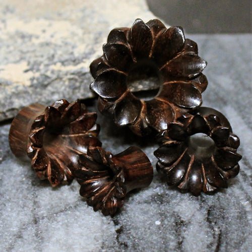 Hand Carved Dark Brown Lotus Flower Sono Wood Tunnels