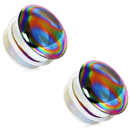 Glass Aurora Rainbow Single Flare Plug Gauges with Clear Silicone O-Ring