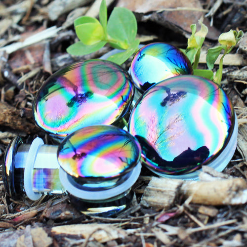 Glass Aurora Rainbow Single Flare Plug Gauges with Clear Silicone O-Ring