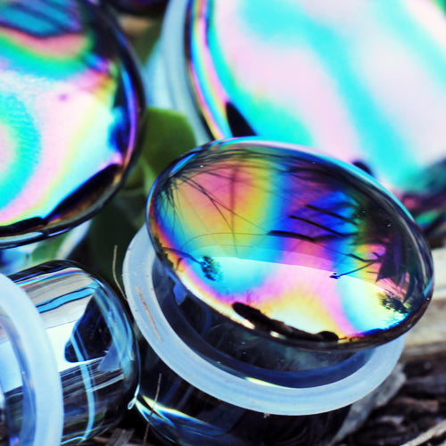 Glass Aurora Rainbow Single Flare Plug Gauges with Clear Silicone O-Ring
