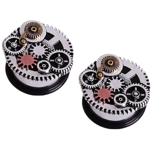 Steampunk Gear Plug Gauges with Black O-Rings - 316L Surgical Steel