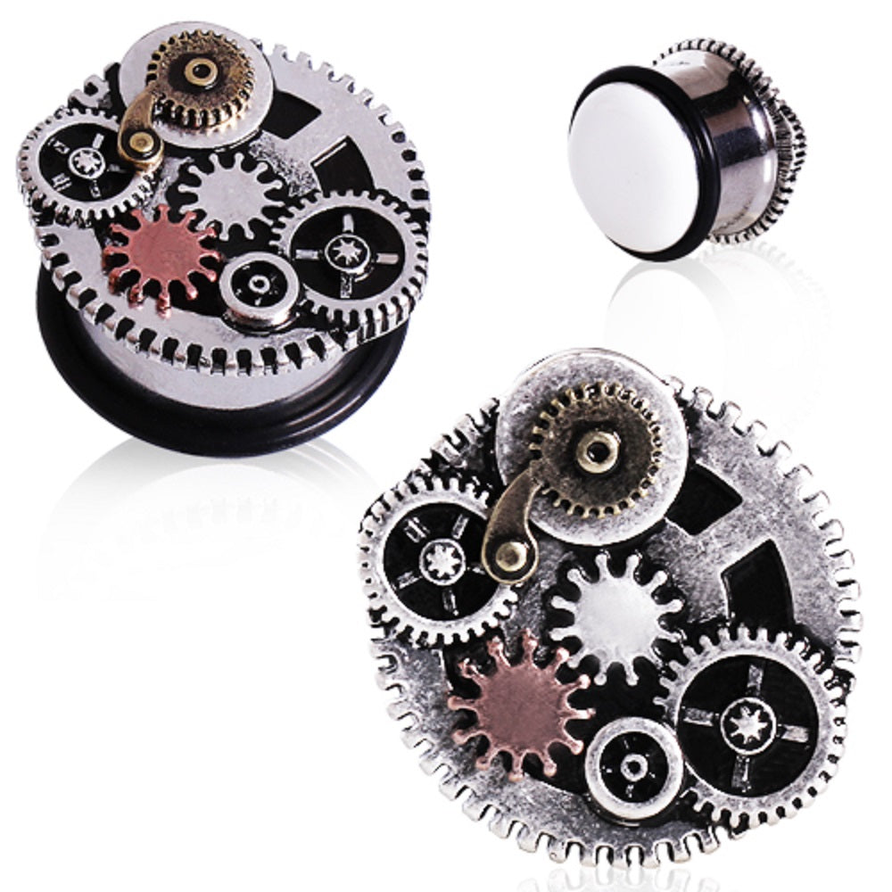 Steampunk Gear Plug Gauges with Black O-Rings - 316L Surgical Steel