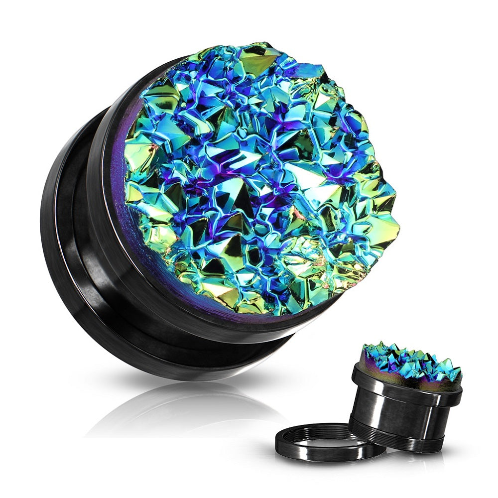 Blue Druzy Stone Screw Fit Plug Gauges - Black IP Plated Stainless Steel - Pair