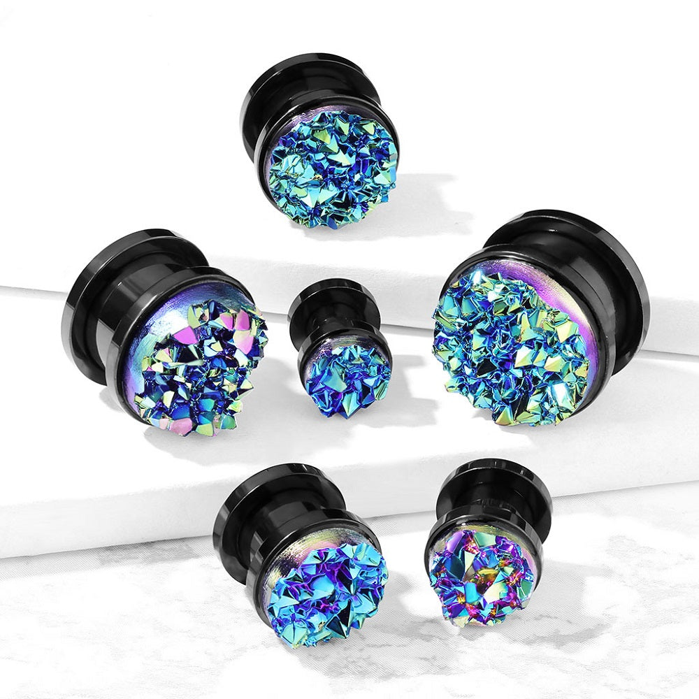 Blue Druzy Stone Screw Fit Plug Gauges - Black IP Plated Stainless Steel - Pair