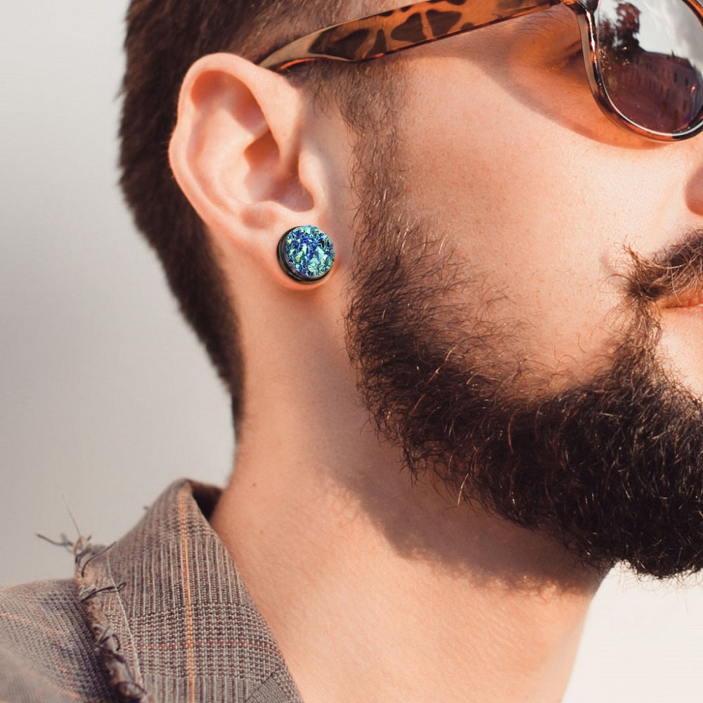 Blue Druzy Stone Screw Fit Plug Gauges - Black IP Plated Stainless Steel - Pair