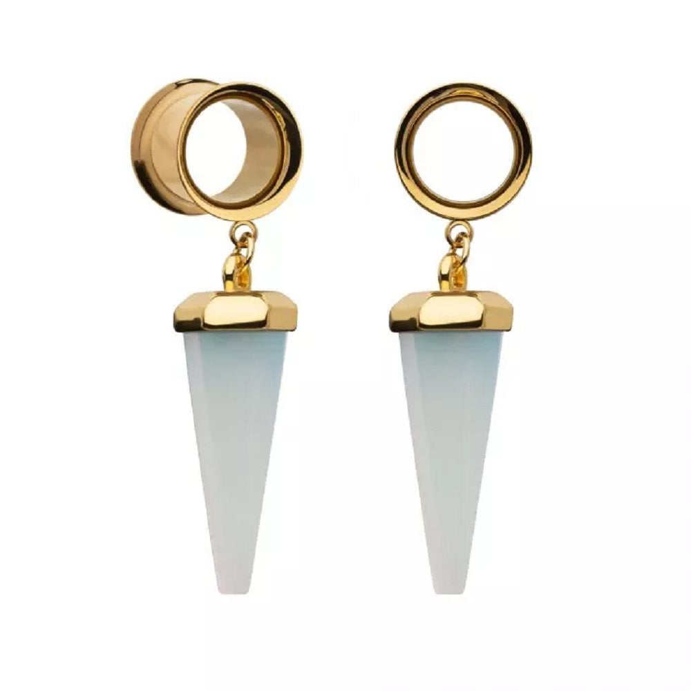 Dangling White Opalite Stone Pendulum Double Flared Tunnels - 316L Stainless Steel - Pair