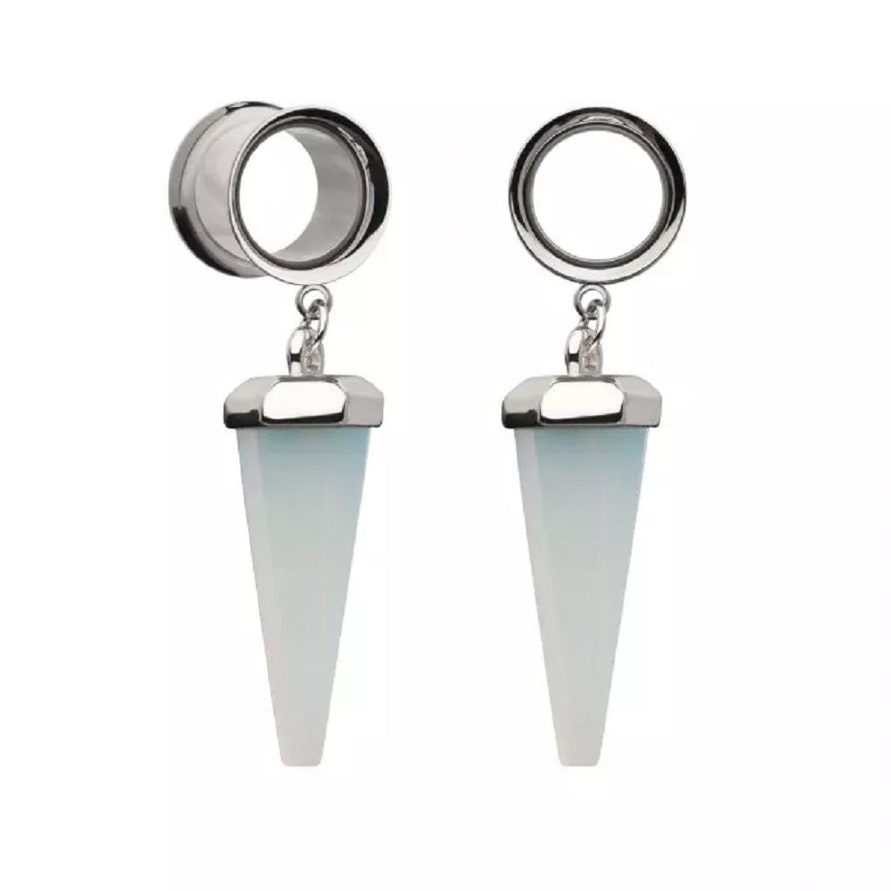 Dangling White Opalite Stone Pendulum Double Flared Tunnels - 316L Stainless Steel - Pair