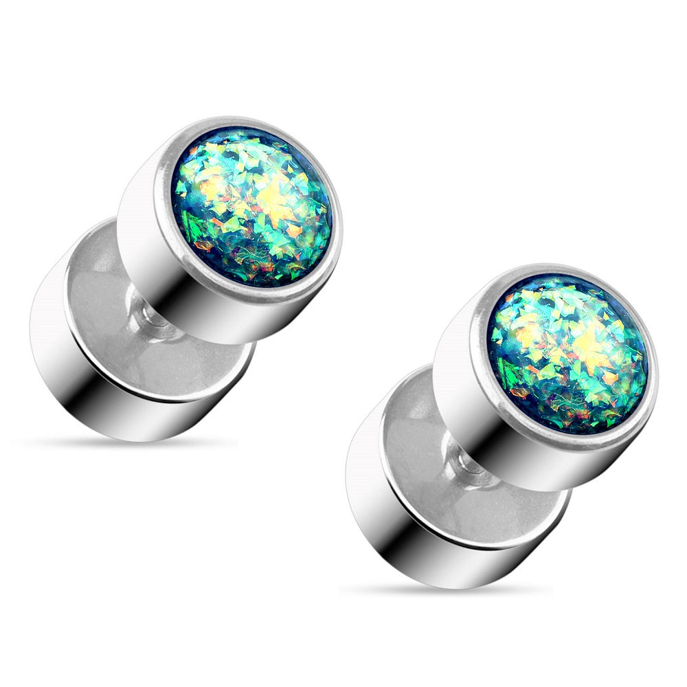 Synthetic Glitter Opal Fake Cheater Plug Earrings - 316L Stainless Steel - Pair