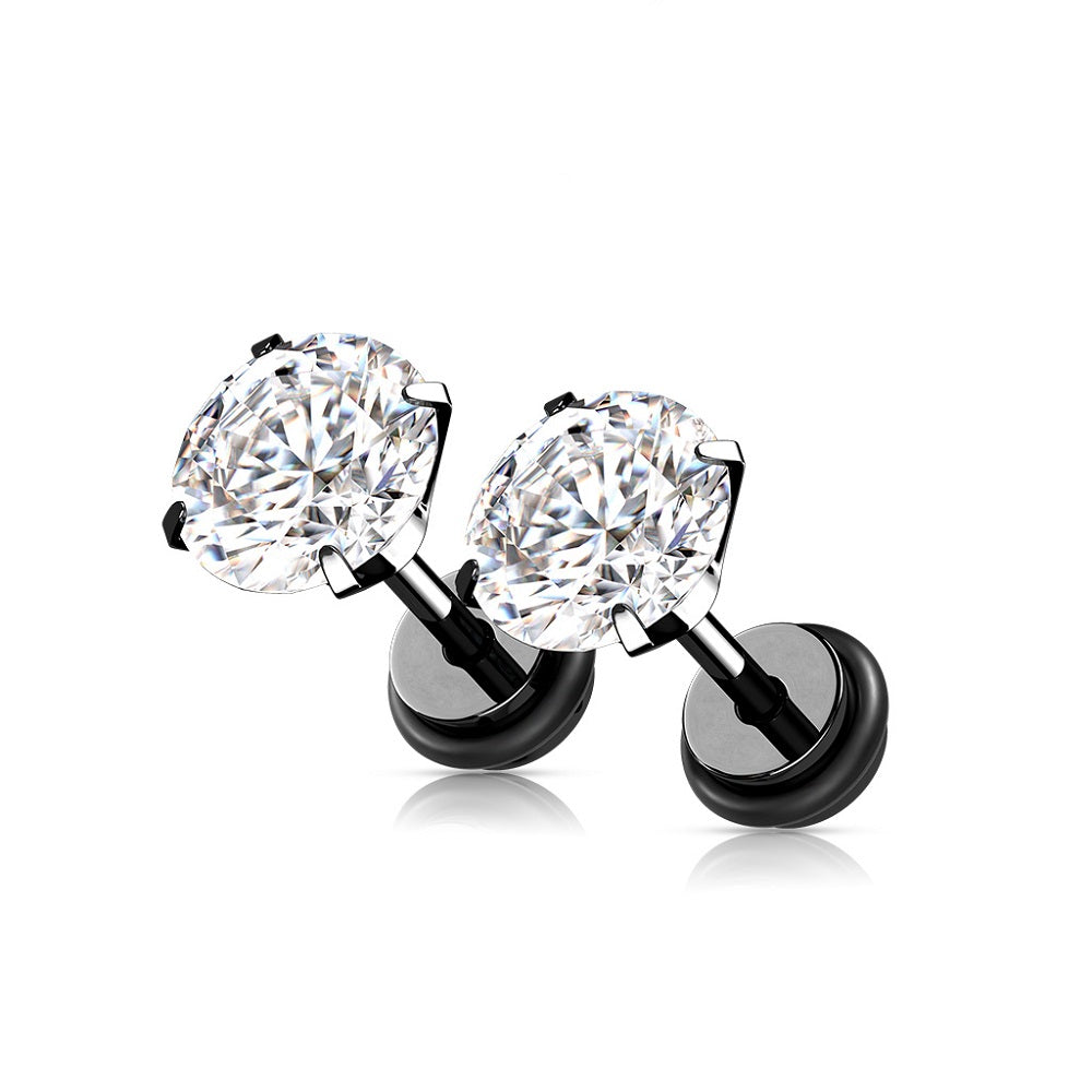 Prong Set CZ Crystal Fake Cheater Plug Earrings - Stainless Steel - Pair